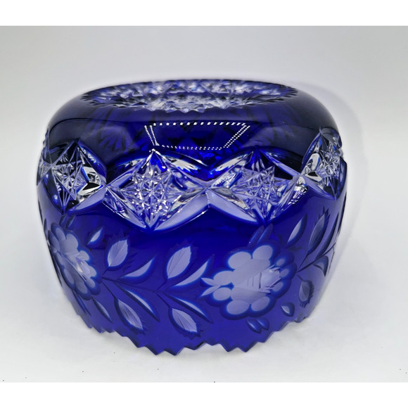 Vintage Czech Bohemian Blue Cobalt Cut to Clear Oval Sawtooth Crystal Bowl - Picture 15 of 16